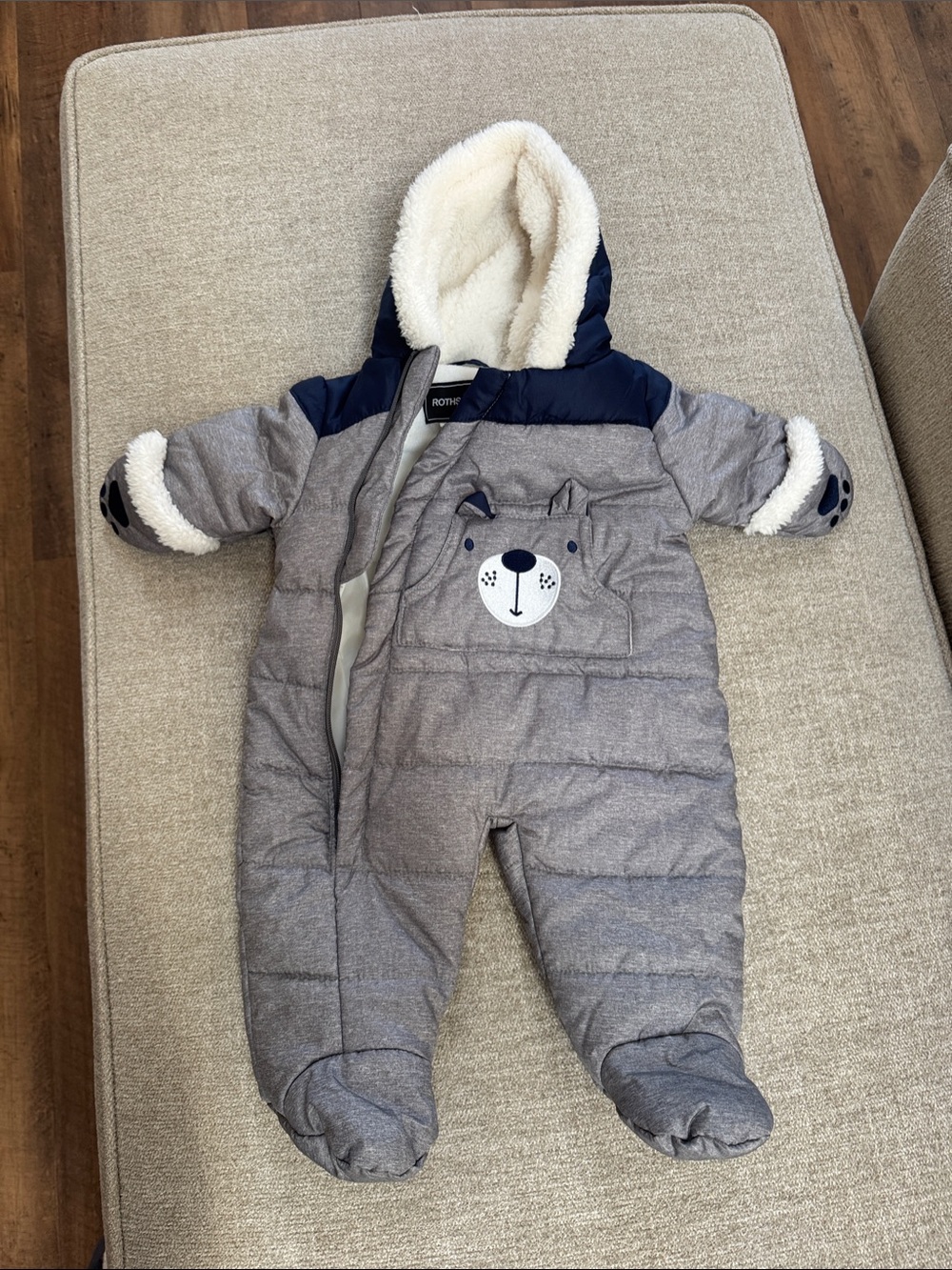 Gray & Navy Bear-Accent Puffer One-Piece Snowsuit